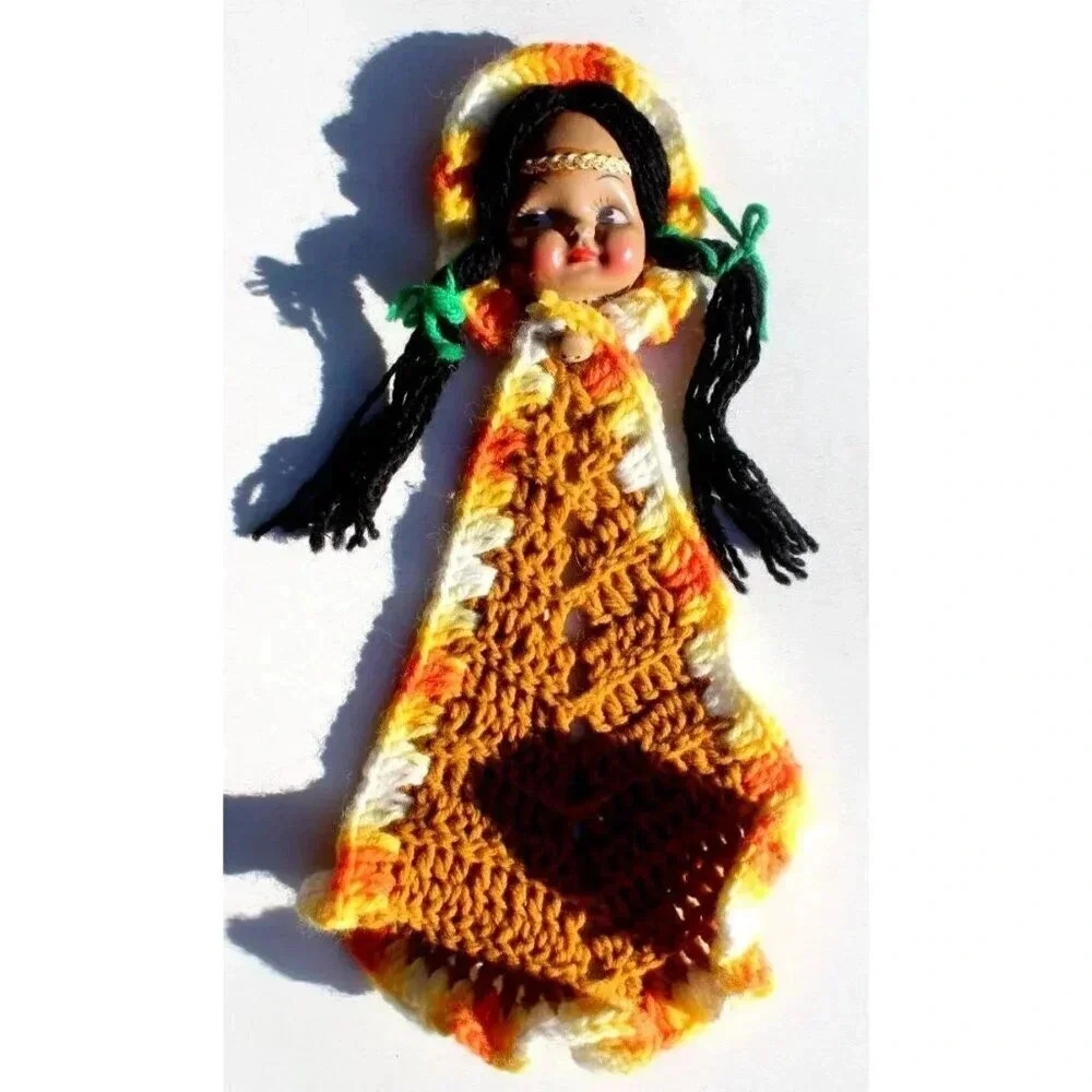 Vintage Plastic Native American Indian Girl Doll Croche Pot Crochet